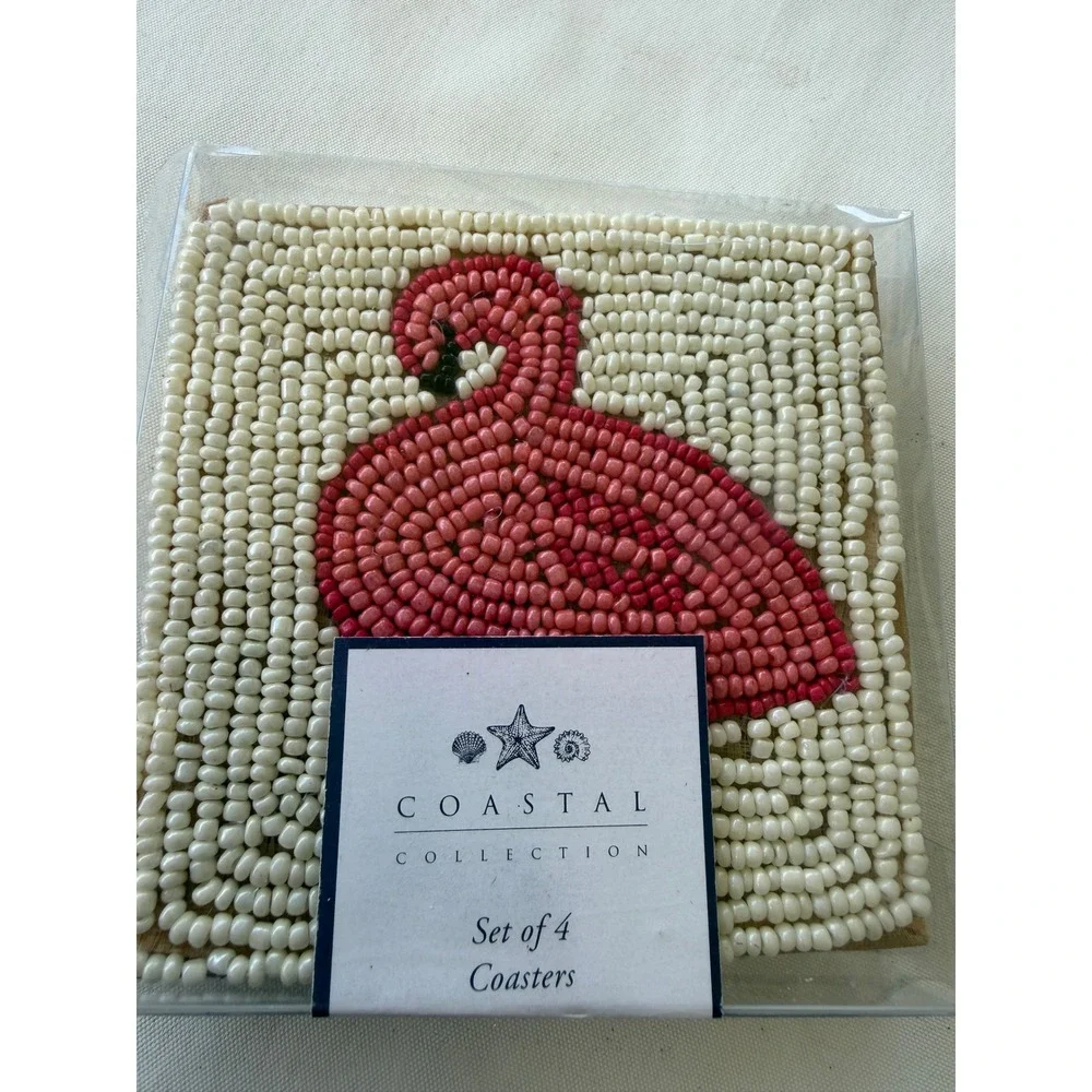 Coastal Collection Set of 4 Hand Beaded Pink Flamingo Coasters Tropical Decor